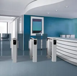 Security turnstile gates at the entrance reception lobby