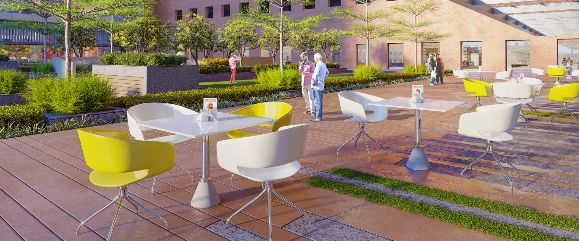 Wide banner of the al-fresco meeting and recreational zone at Surat Diamond Bourse