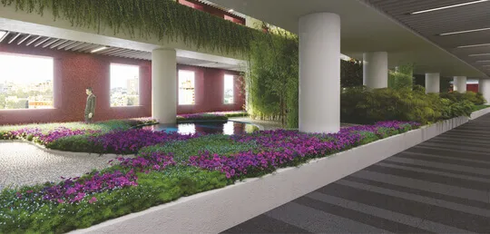 Water features and pedestrian plaza at Surat Diamond Bourse landscape
